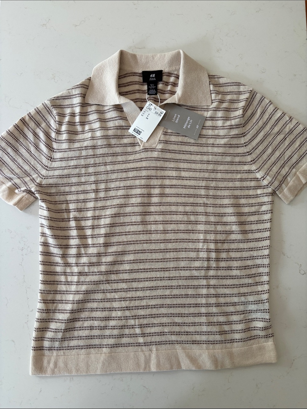 H&M premium linen Men's Beige Striped Knit Polo Shirt